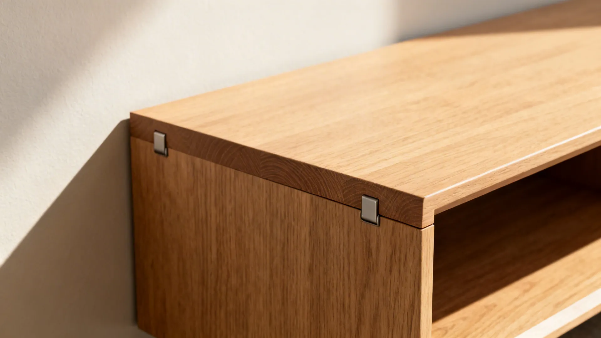 Close-up of a low media bench corner joint with oak grain and soft-close hardware.