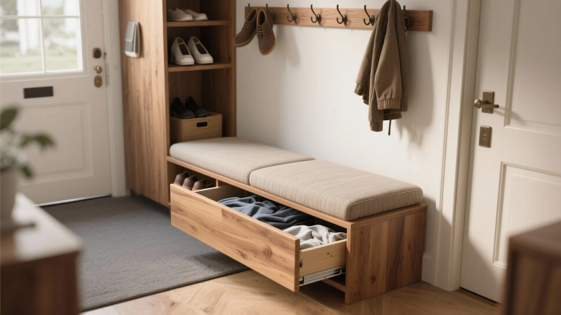 5. Bench with Built-in Laundry Drawer