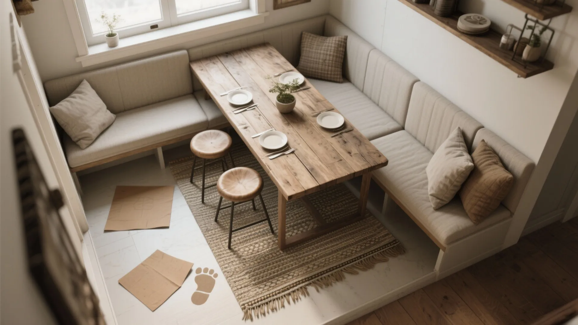 Top-down view of compact dining nook with bench seating and kraft paper footprint
