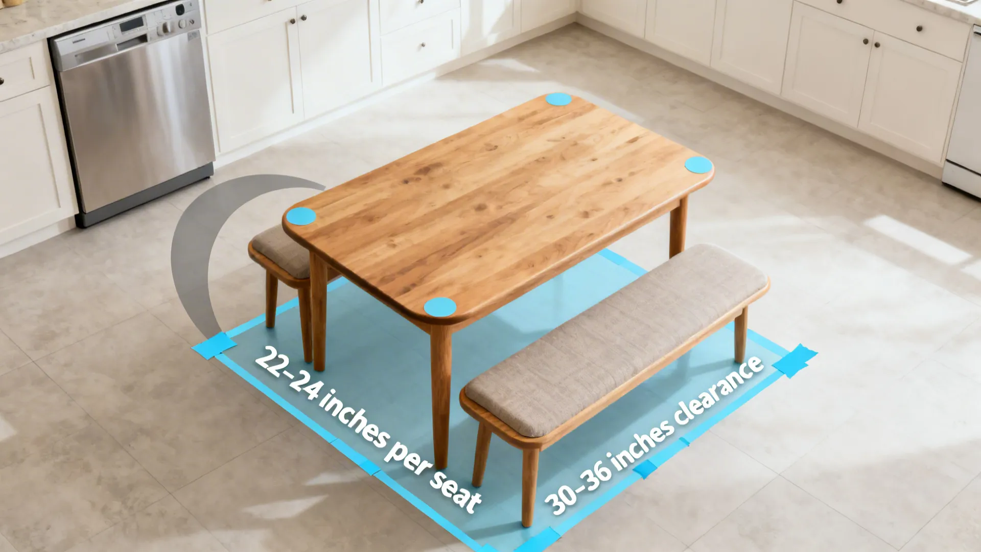 Top-down layout plan showing seat widths and walkway clearances around a bench dining set.