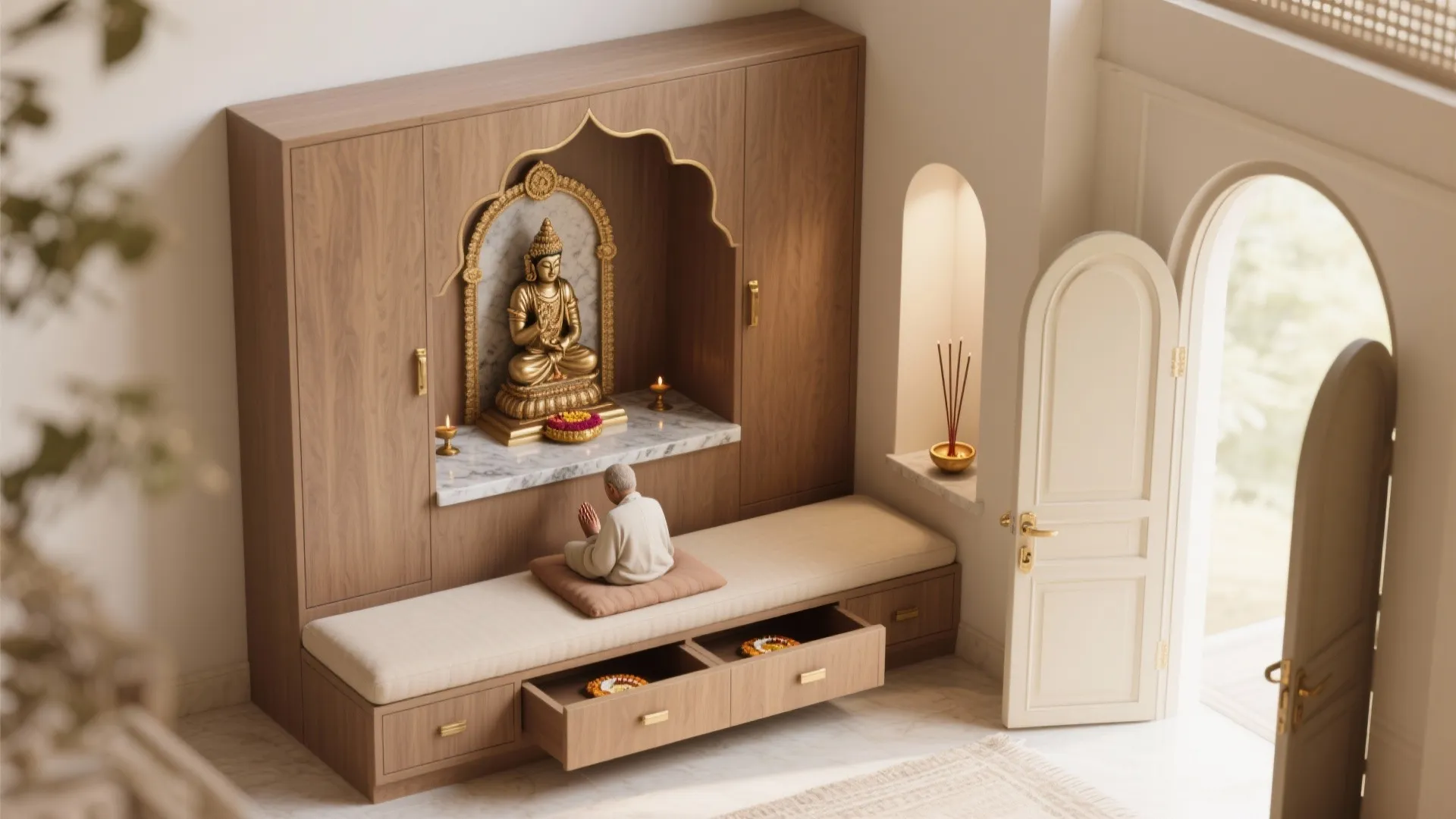 Interior design drawing of wooden cabinet with golden statue person sitting on bench near open door