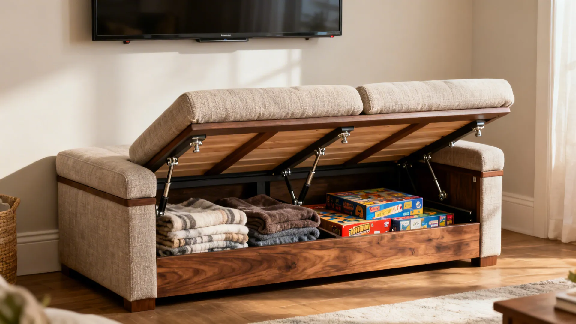 Bench-style TV stand with lift-top storage showing blankets and games inside.