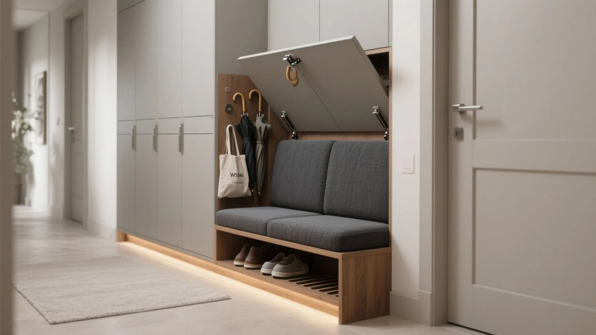 Built-in bench with lift-up storage