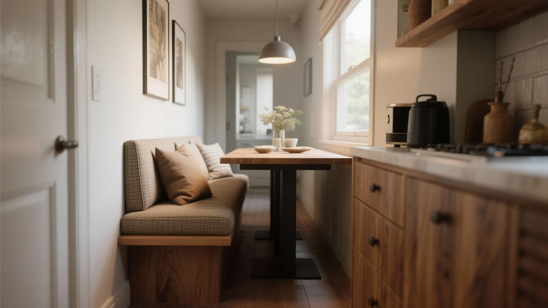 Narrow dining area with wooden table, built-in bench, grey ceiling light, and wooden kitchen cabinets