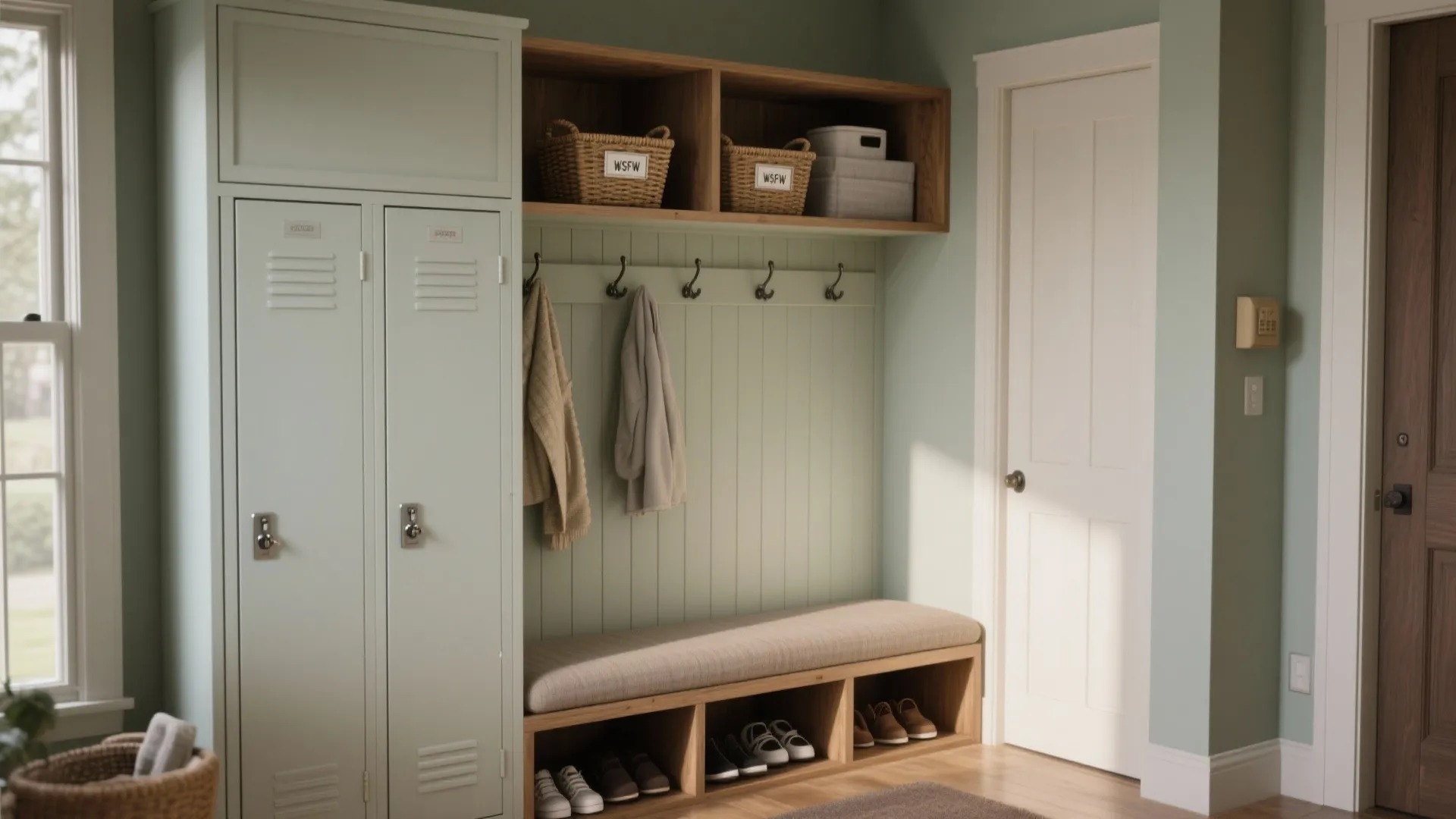 Entryway with light green lockers and a wooden bench with hooks and storage for shoes