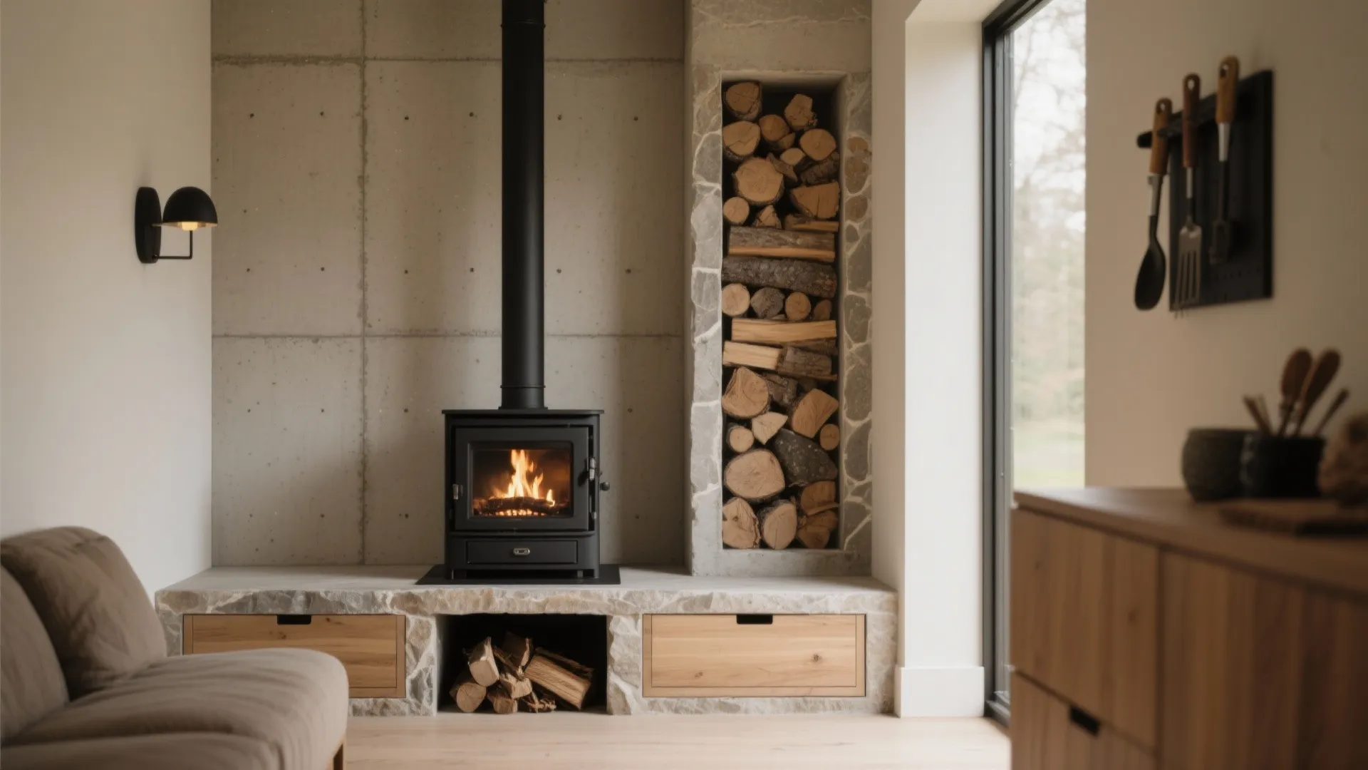 Hearth Bench with Hidden Storage and a Log Niche