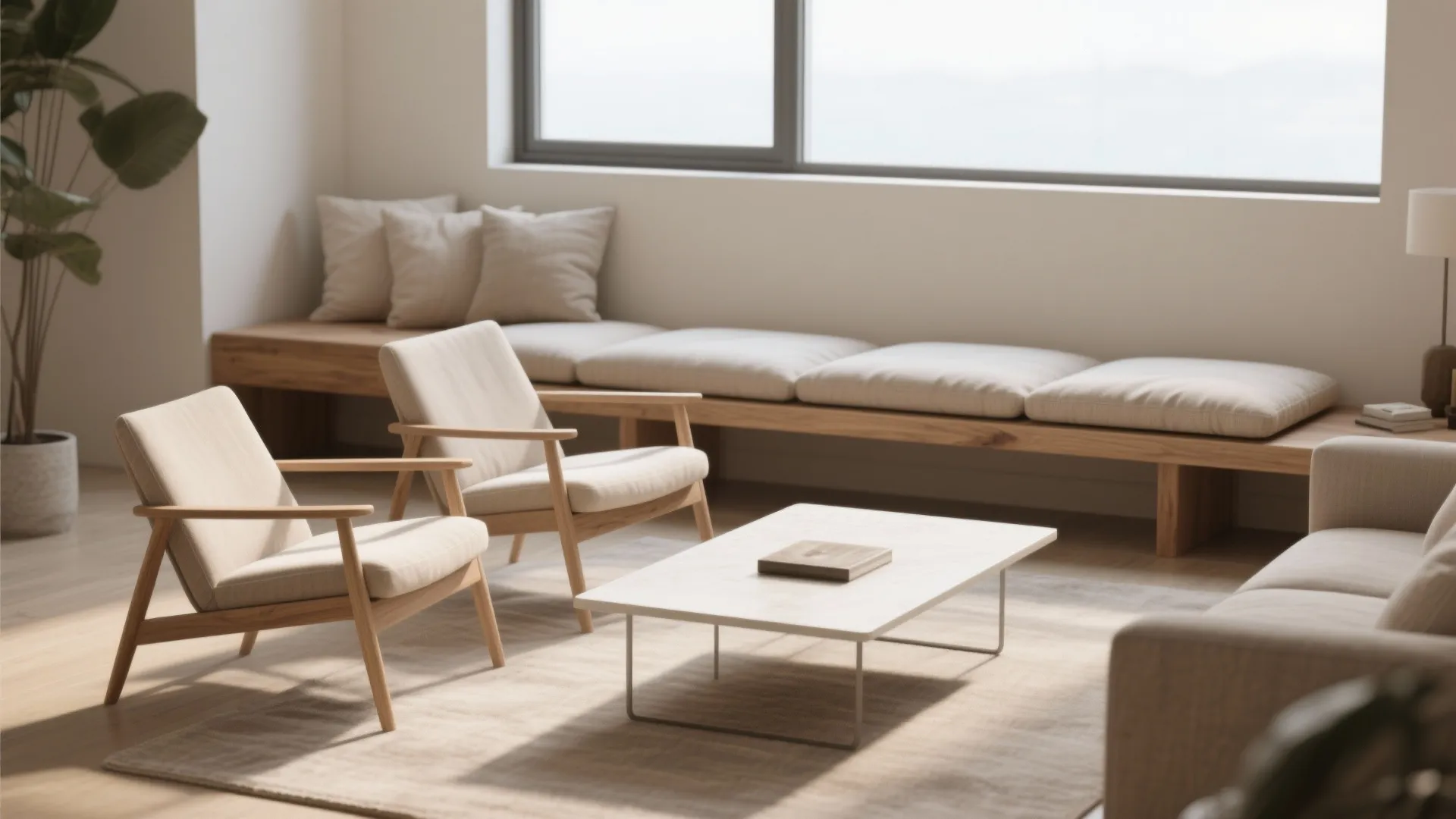 5. Streamlined bench + two lounge chairs + minimal coffee table