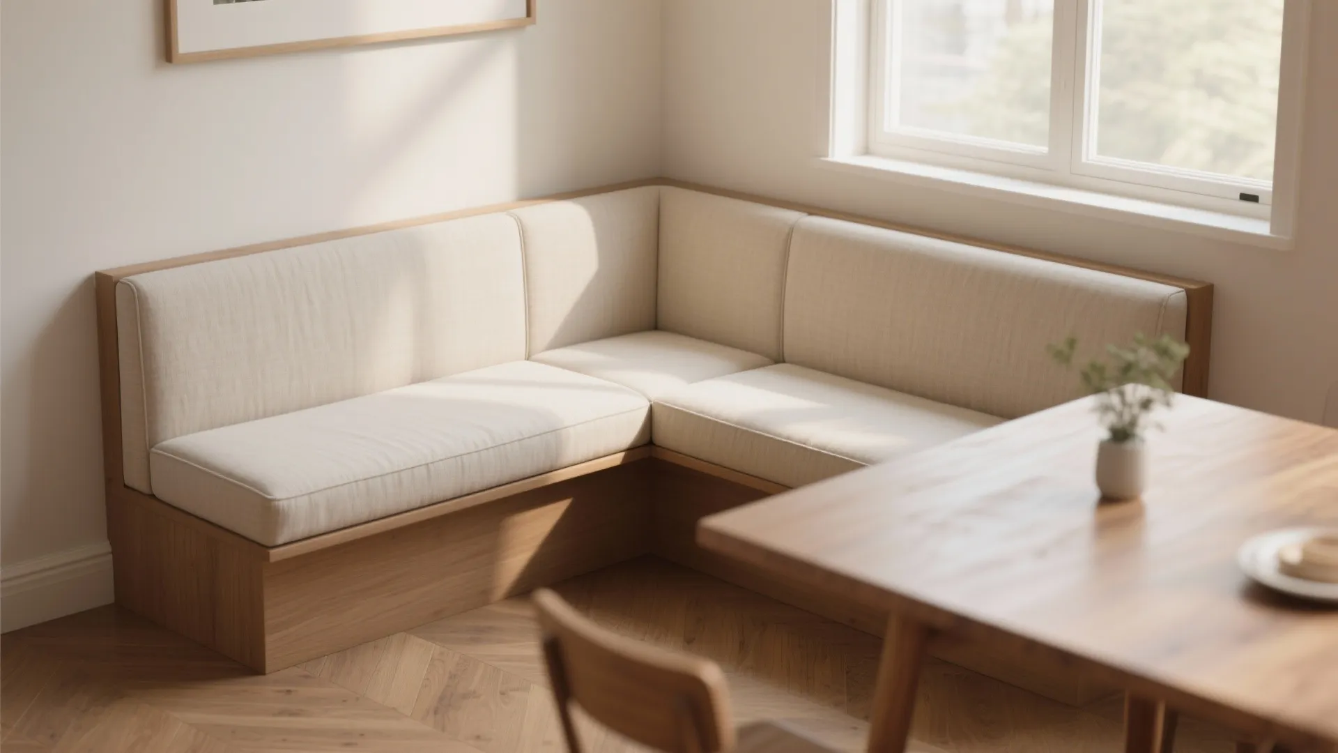 Corner wooden bench with beige cushions placed near window beside a simple wooden dining table