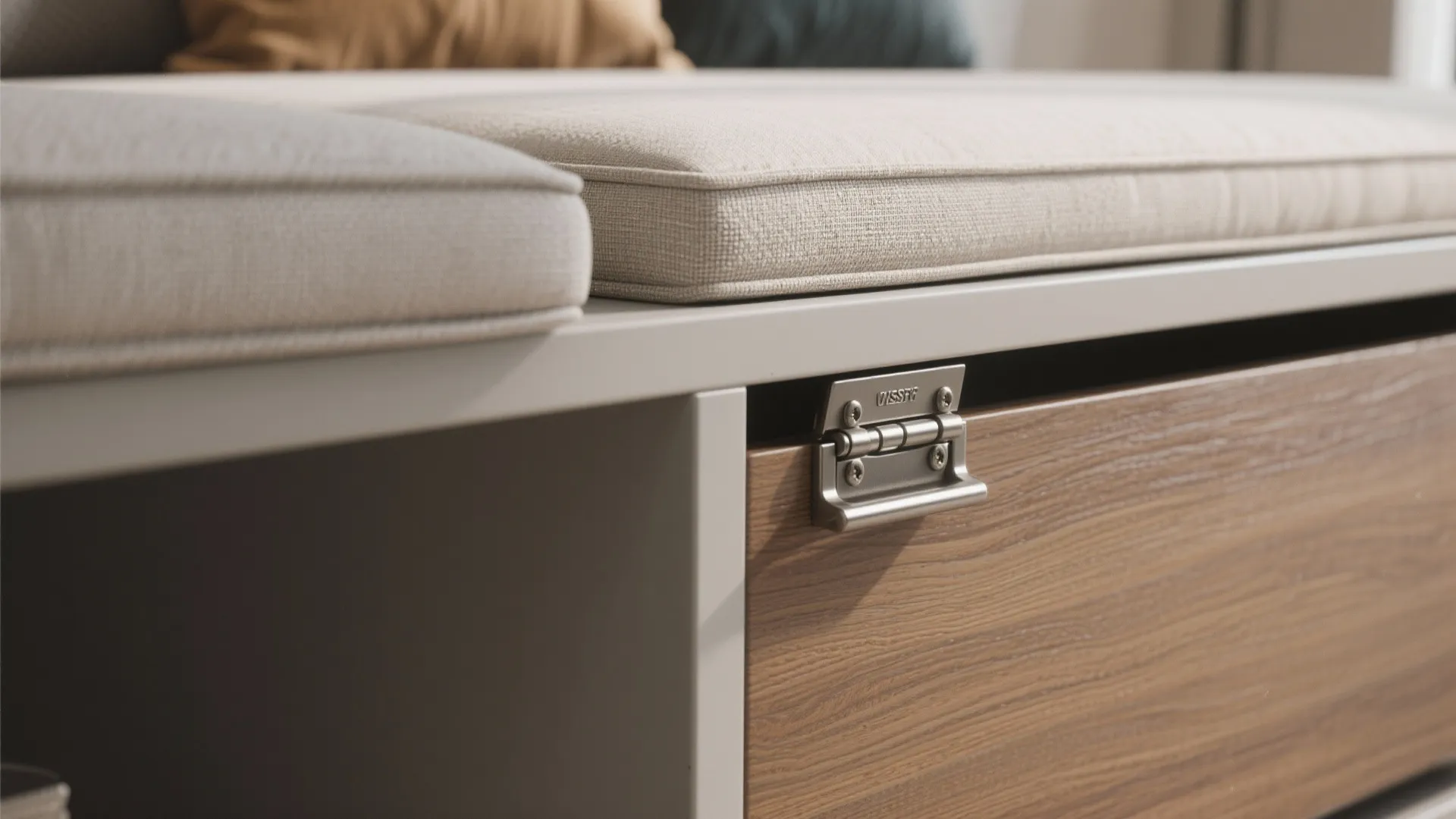 Close-up of bench lid seam, soft-close hinge, and stitched cushion in matte wood and fabric.