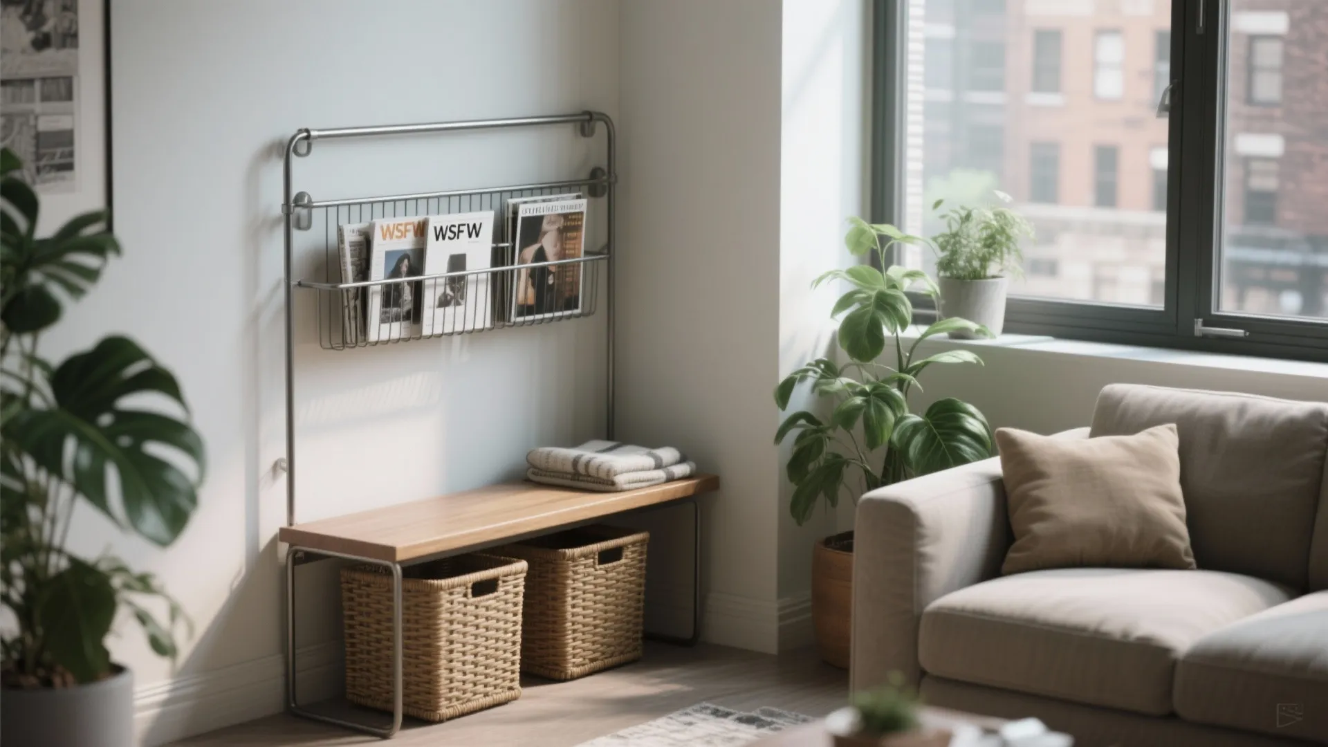 3. Narrow bench with wired magazine rack