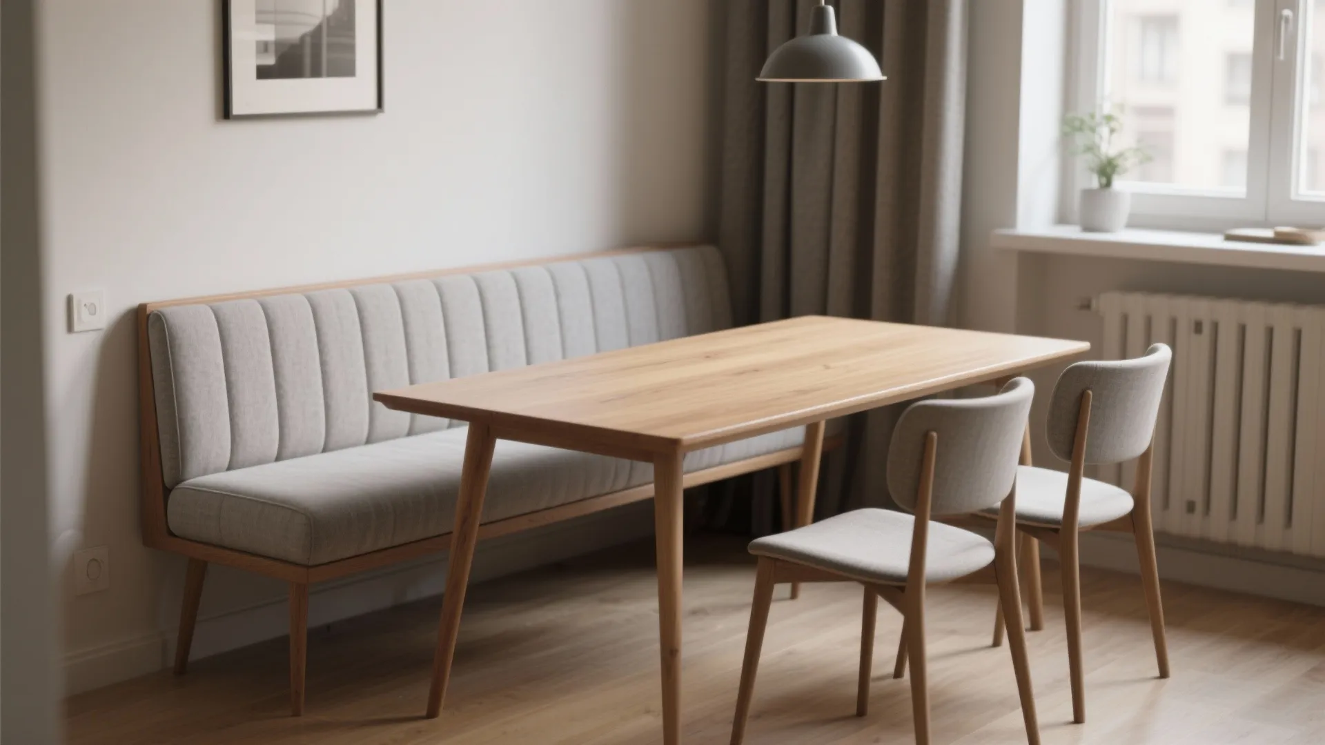 Minimalist dining space featuring wooden table grey upholstered wall bench and two matching grey chairs