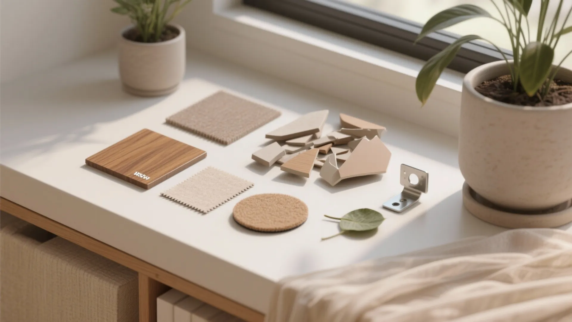 Interior design material samples like wood and fabric on white table near a window with plant