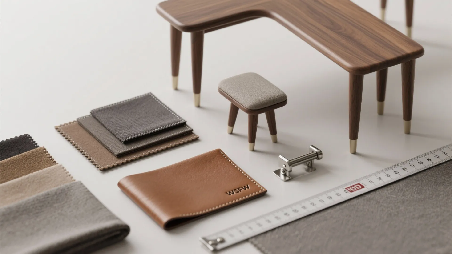 Interior design drawing board with fabric samples leather wallet small wooden table and metal ruler