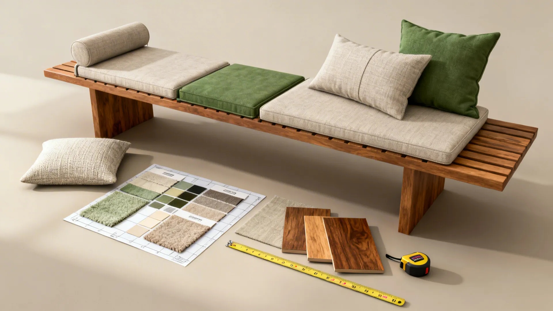Flatlay of bench seating with cushion samples, throw pillows, and fabric swatches for small-room planning.