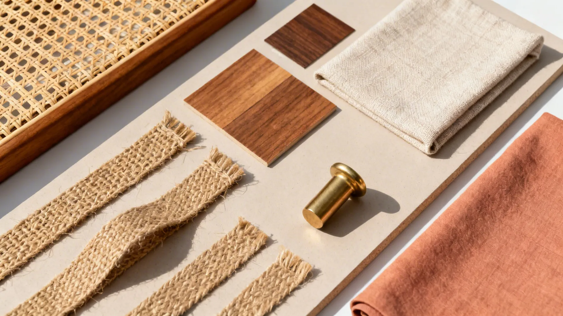 Flat-lay of mid-tone wood, cane webbing, jute straps, neutral linen, and brass accents for a coordinated seating set.
