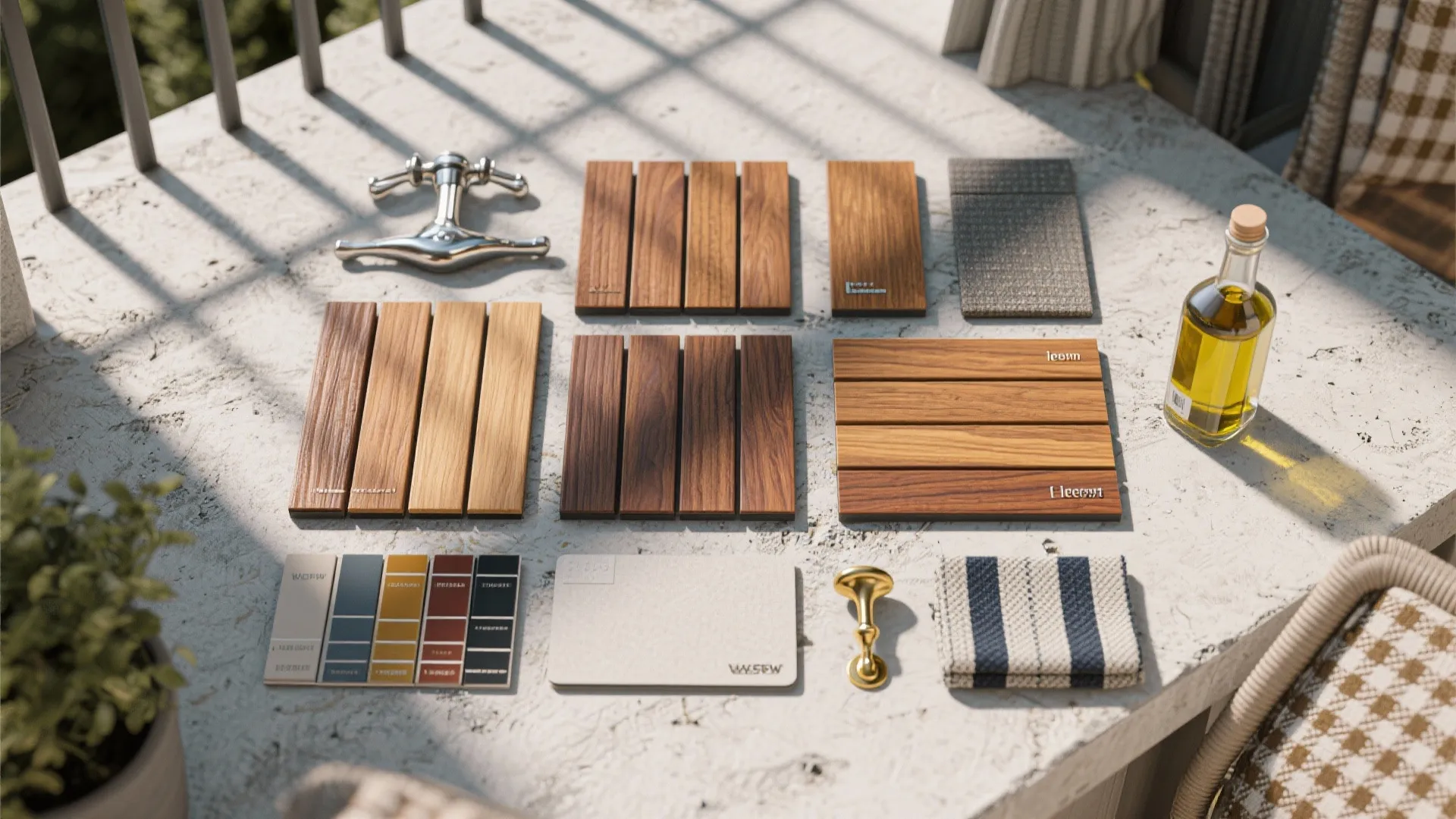 Table top showing various wood samples color swatches fabric pieces and hardware for home design
