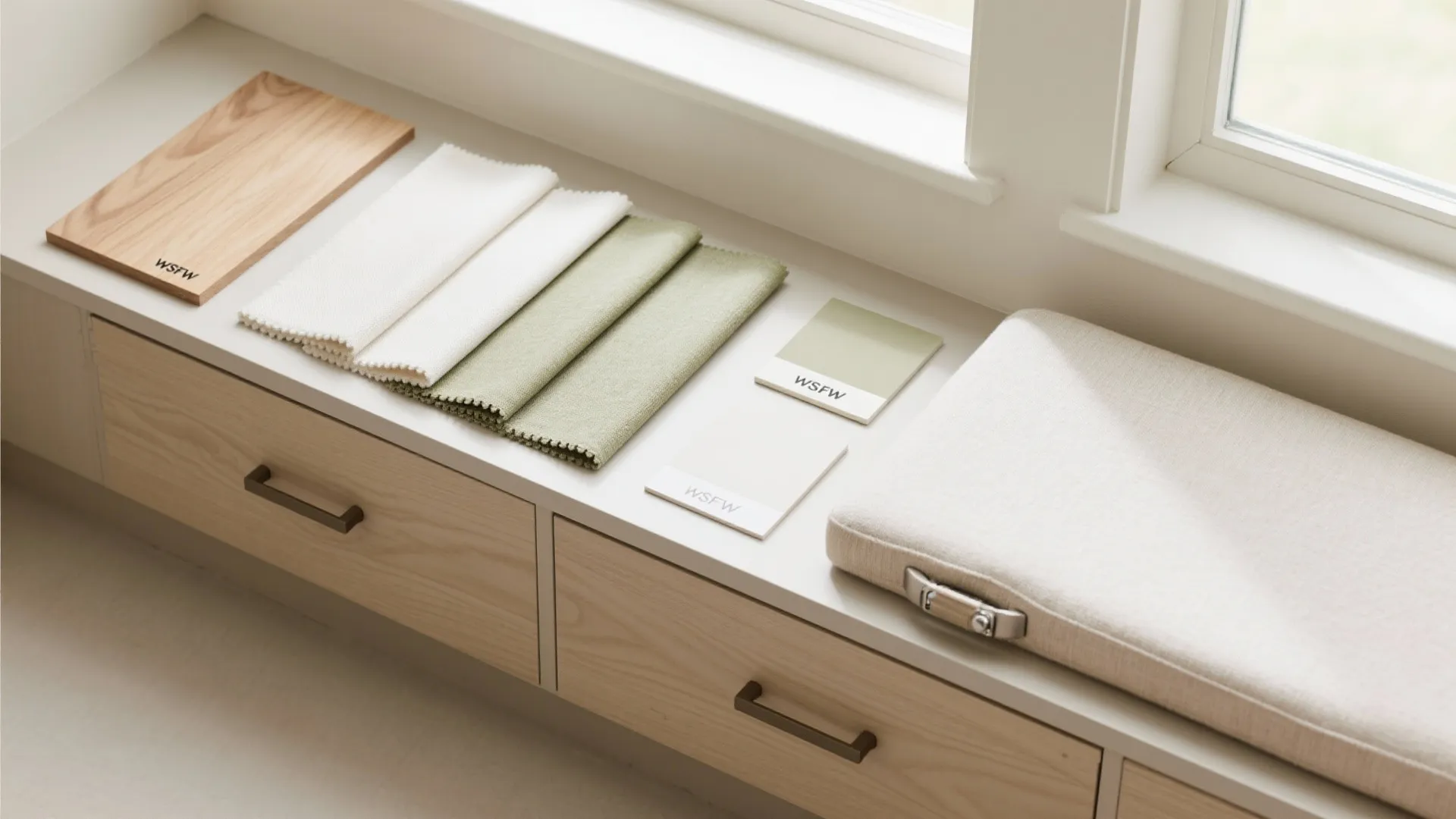 Top-down material flat lay with oak, UV-resistant fabrics, hardware, and cushion foam for a window bench.