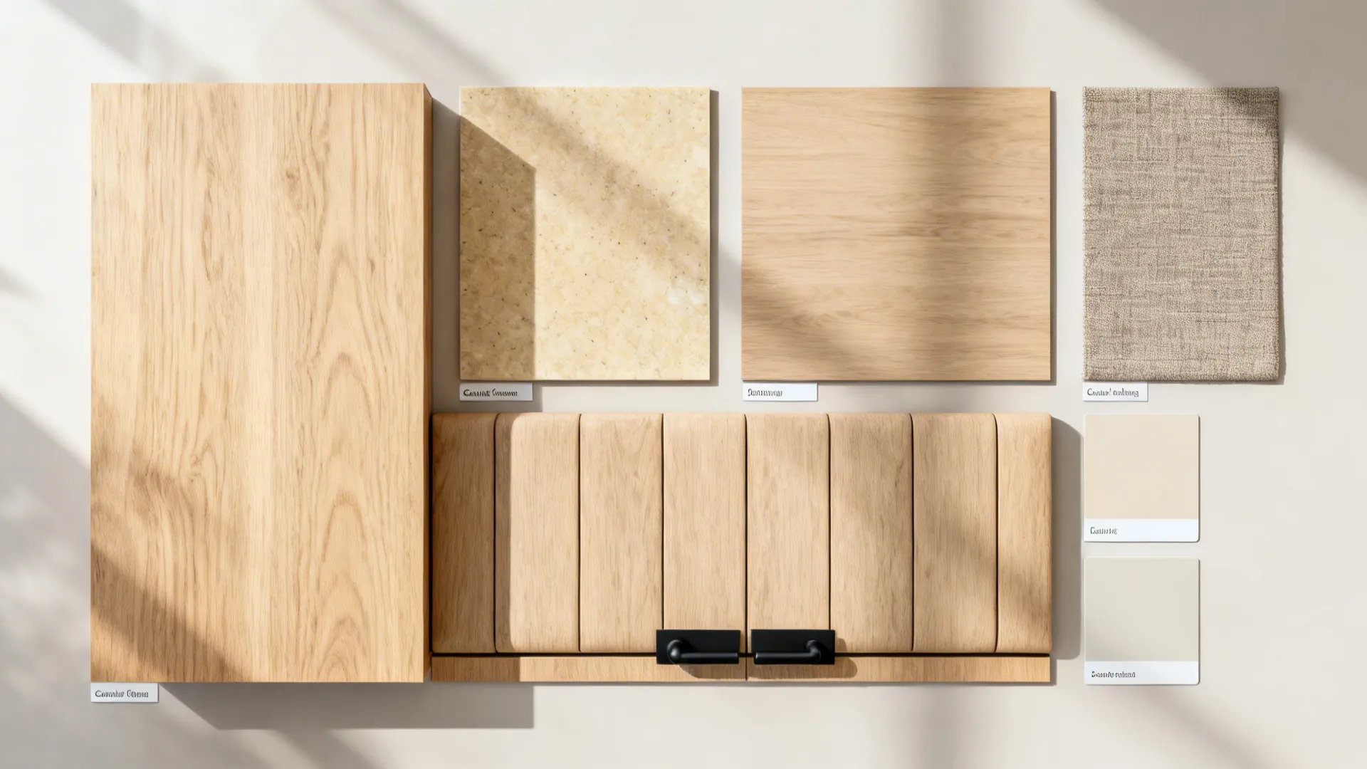Top-down material board with oak, quartz, laminate, fabric, and black hardware for bench island.