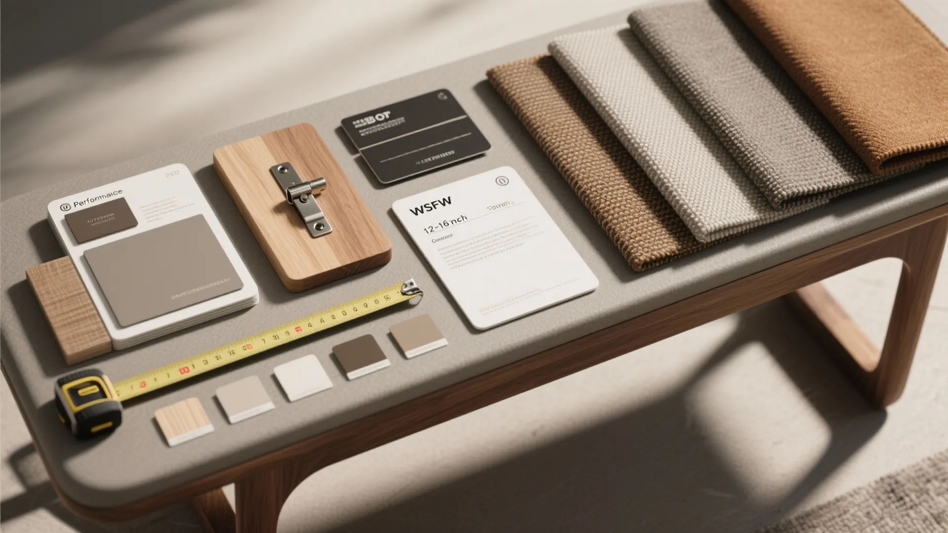 Flatlay of bench materials, fabric swatches, wood samples, and measuring tools for bench sizing guidance.