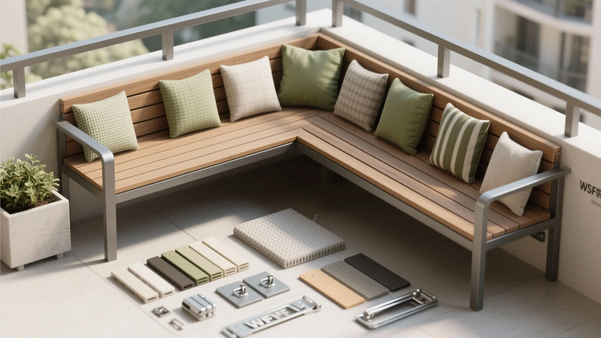 Top-down flatlay of composite decking, fabrics, and hardware for L-shaped bench.