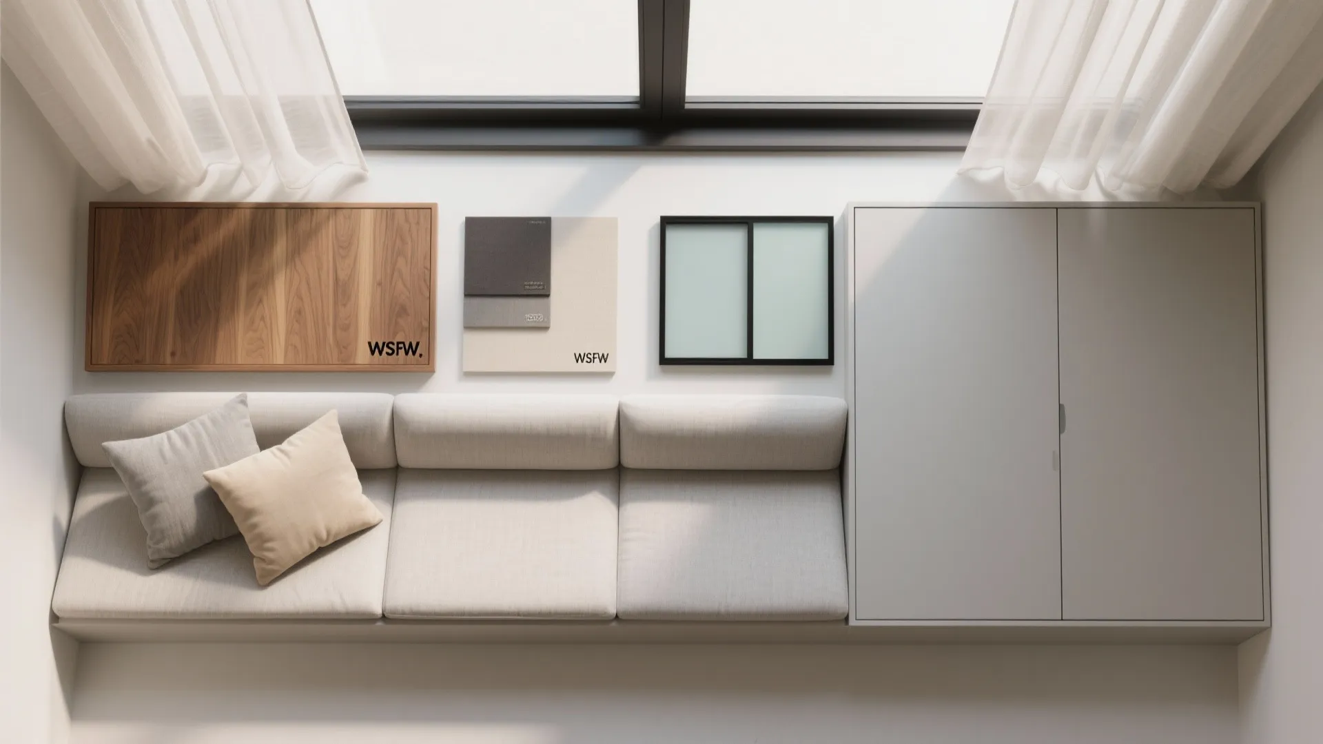 Split-height window wall with built-in bench storage