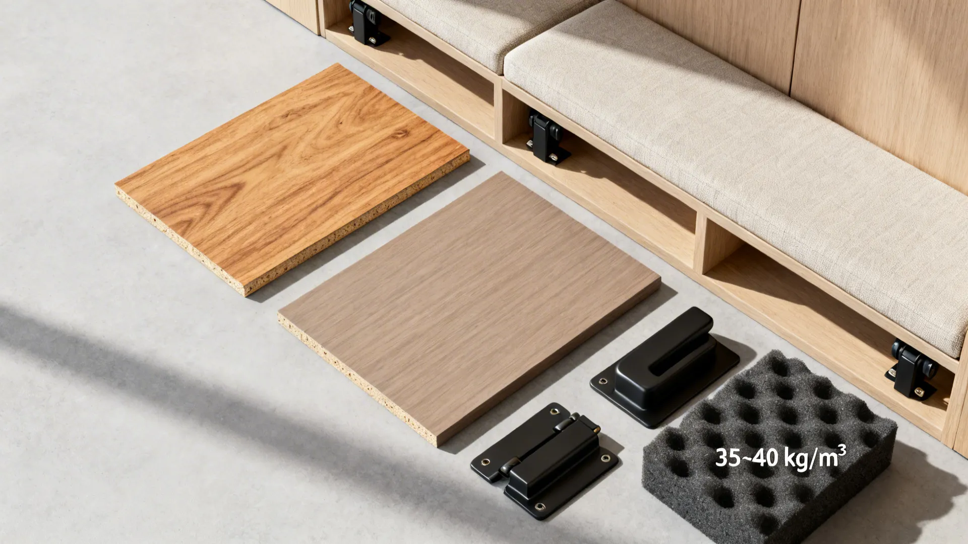 Flat lay of oak veneer, laminate, neutral fabric, foam, and hardware for a storage bench divider.