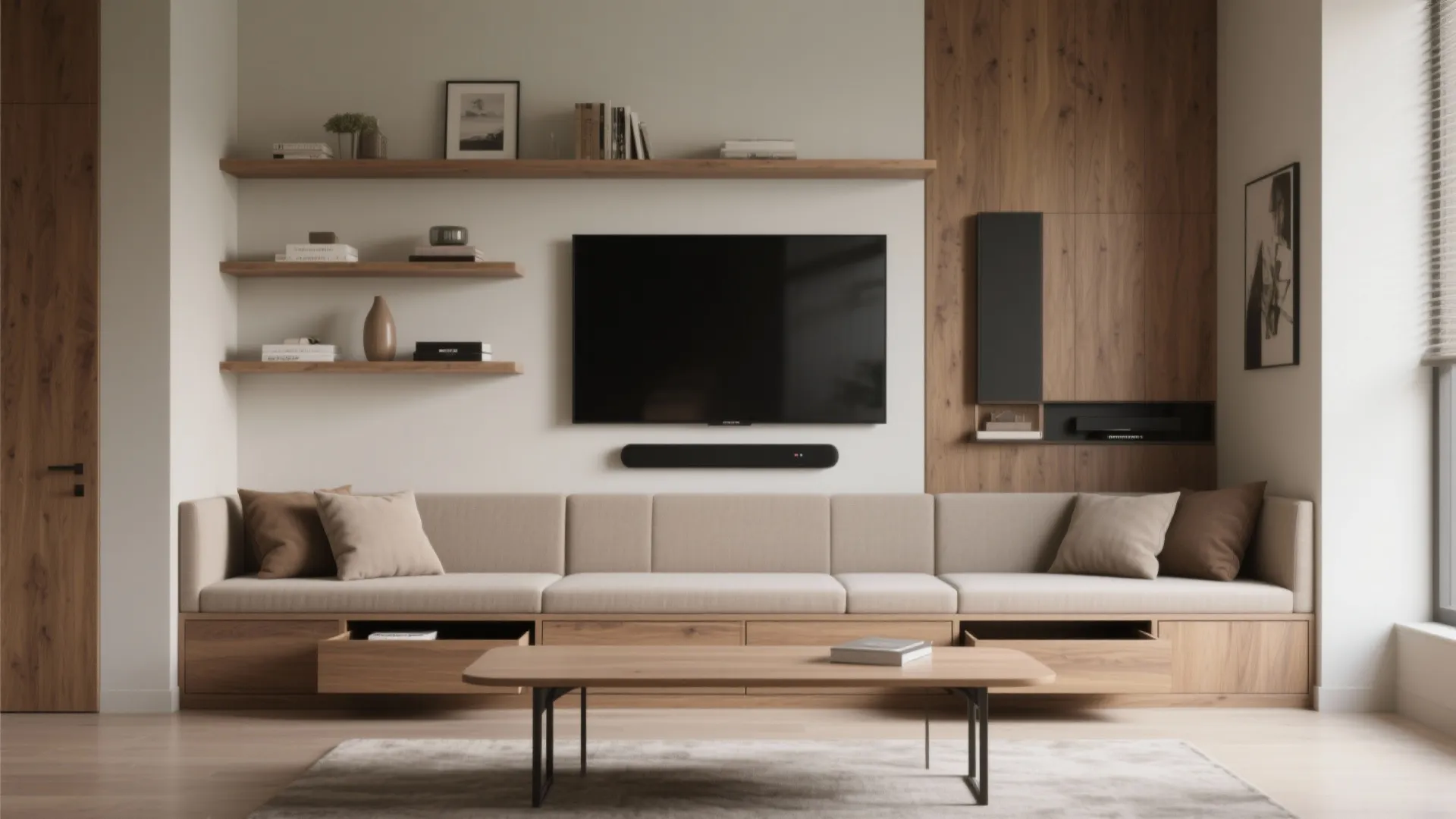 Bench seating against a multifunctional media wall