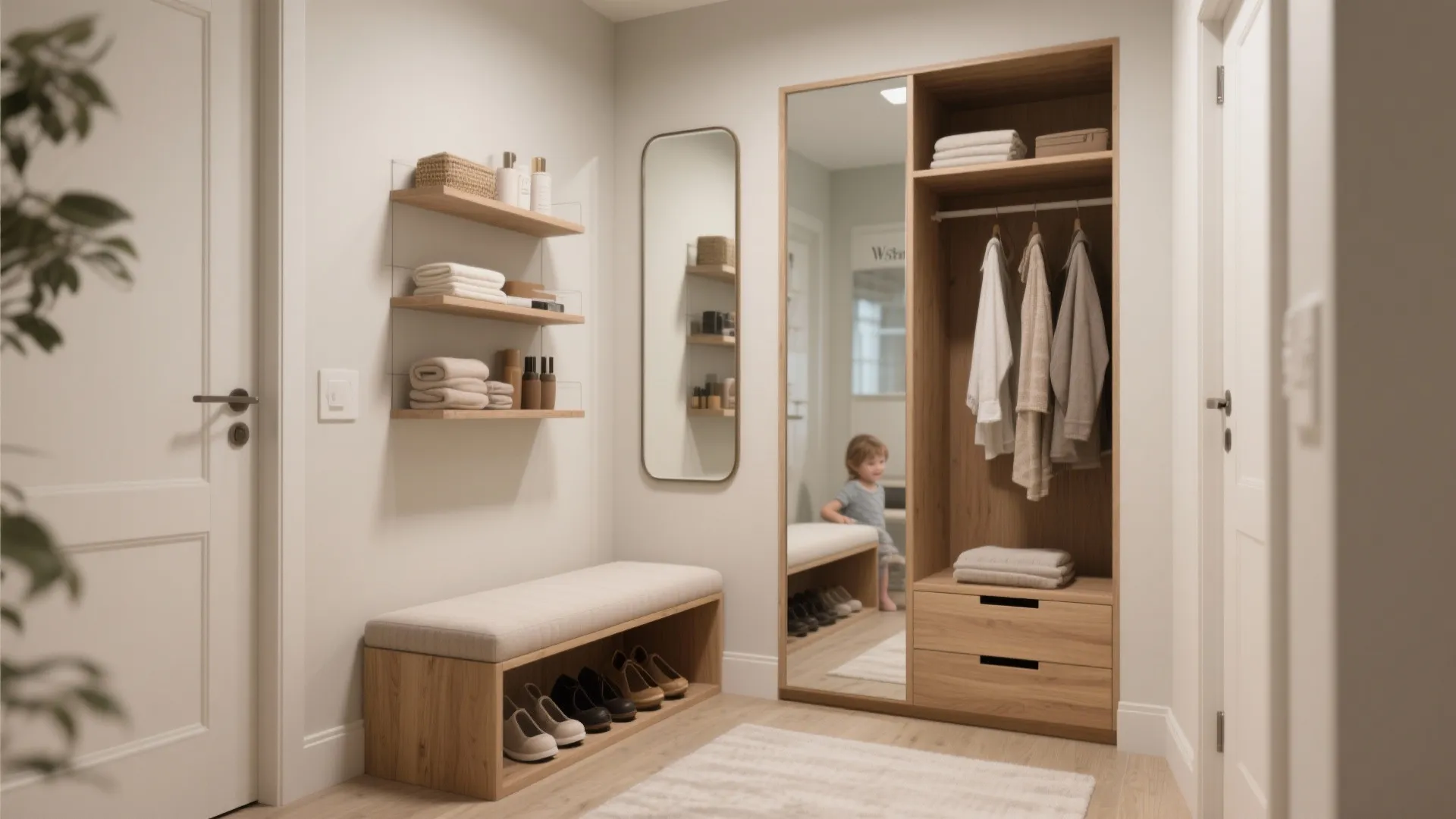 Modern hallway with wood shoe bench wall shelves long mirror and open closet storage unit