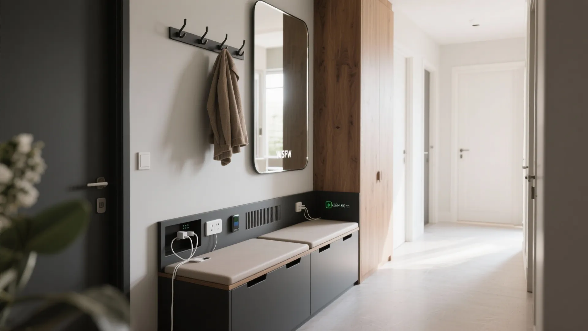 Flexible bench + mirror zone with concealed power