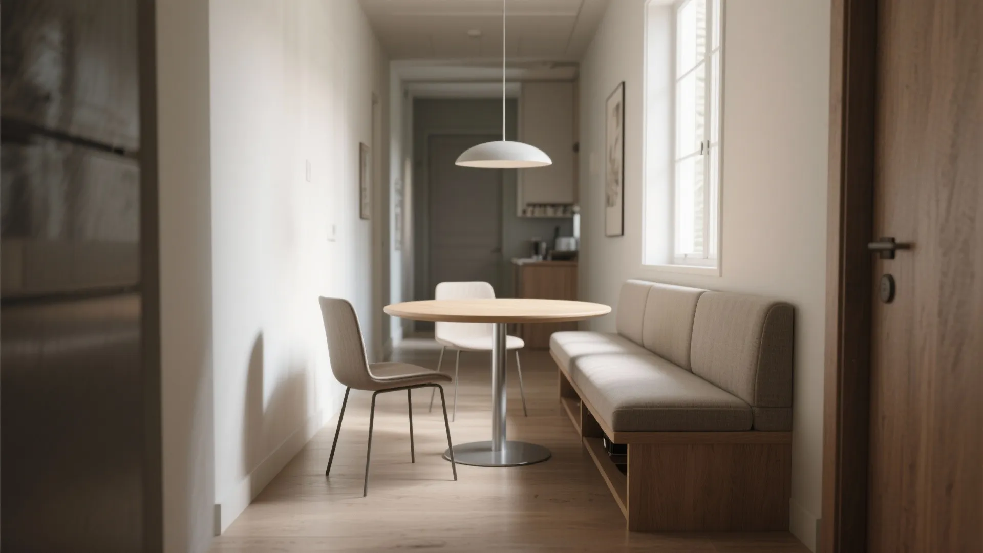 Narrow dining space featuring round wooden table grey bench seating white ceiling light and wooden floor