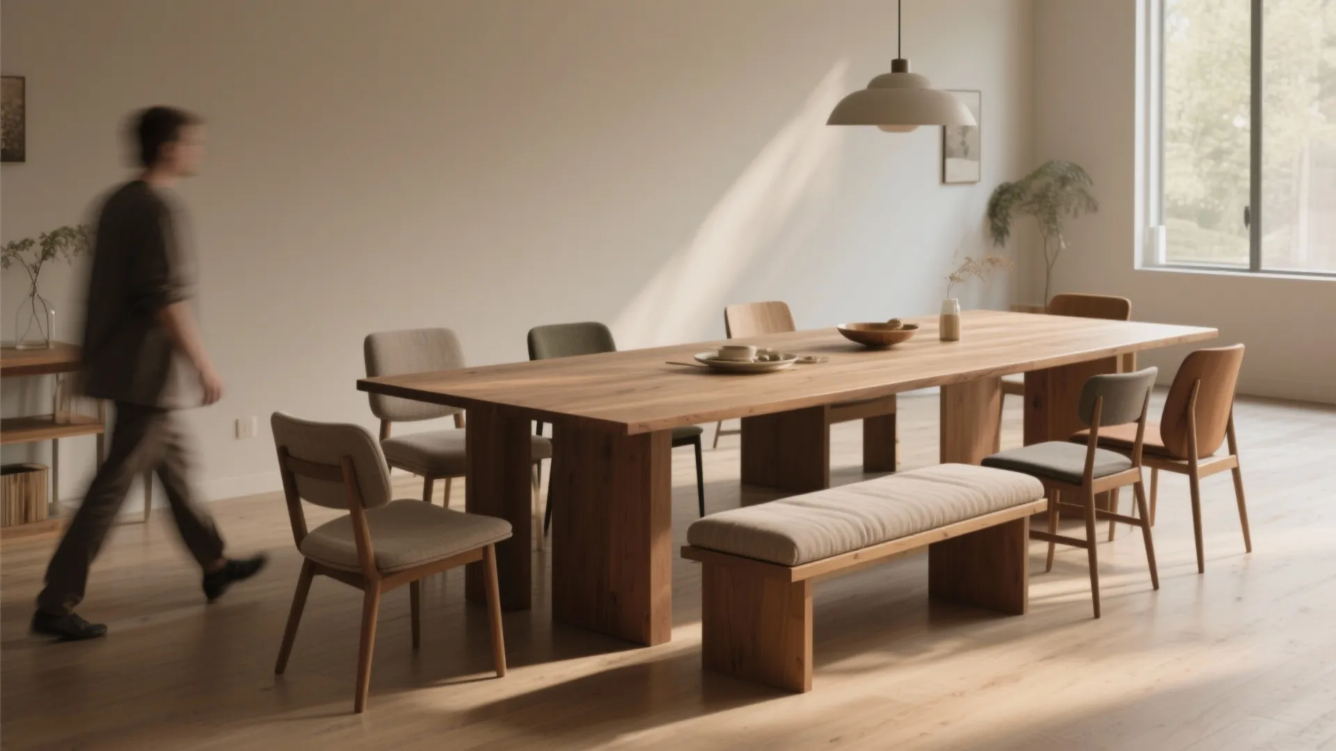Person walking past a long wooden dining table with a padded bench and grey chairs