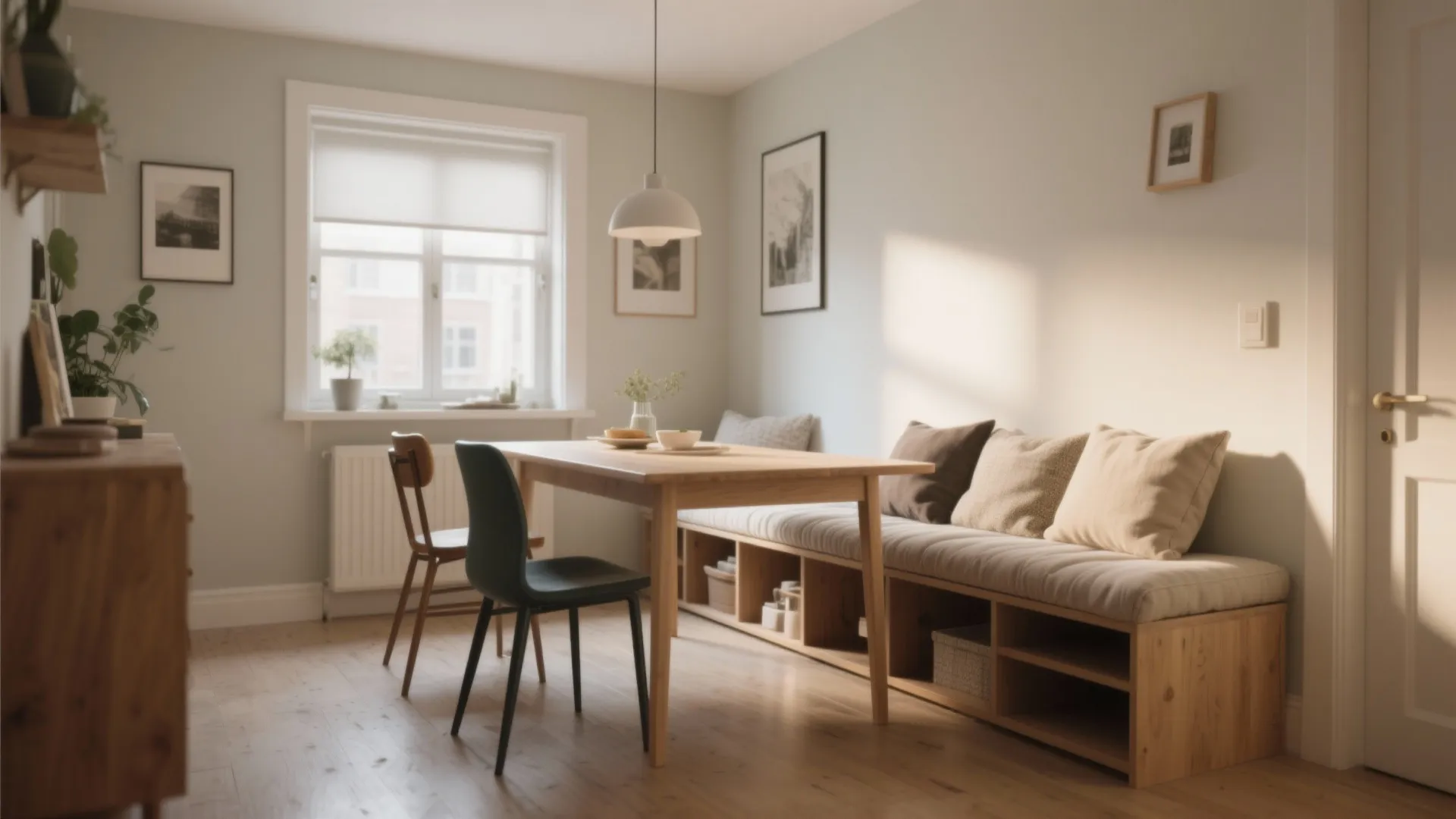 Dining set with a storage bench and mixed chairs, cushions, and light wood table in a compact space.