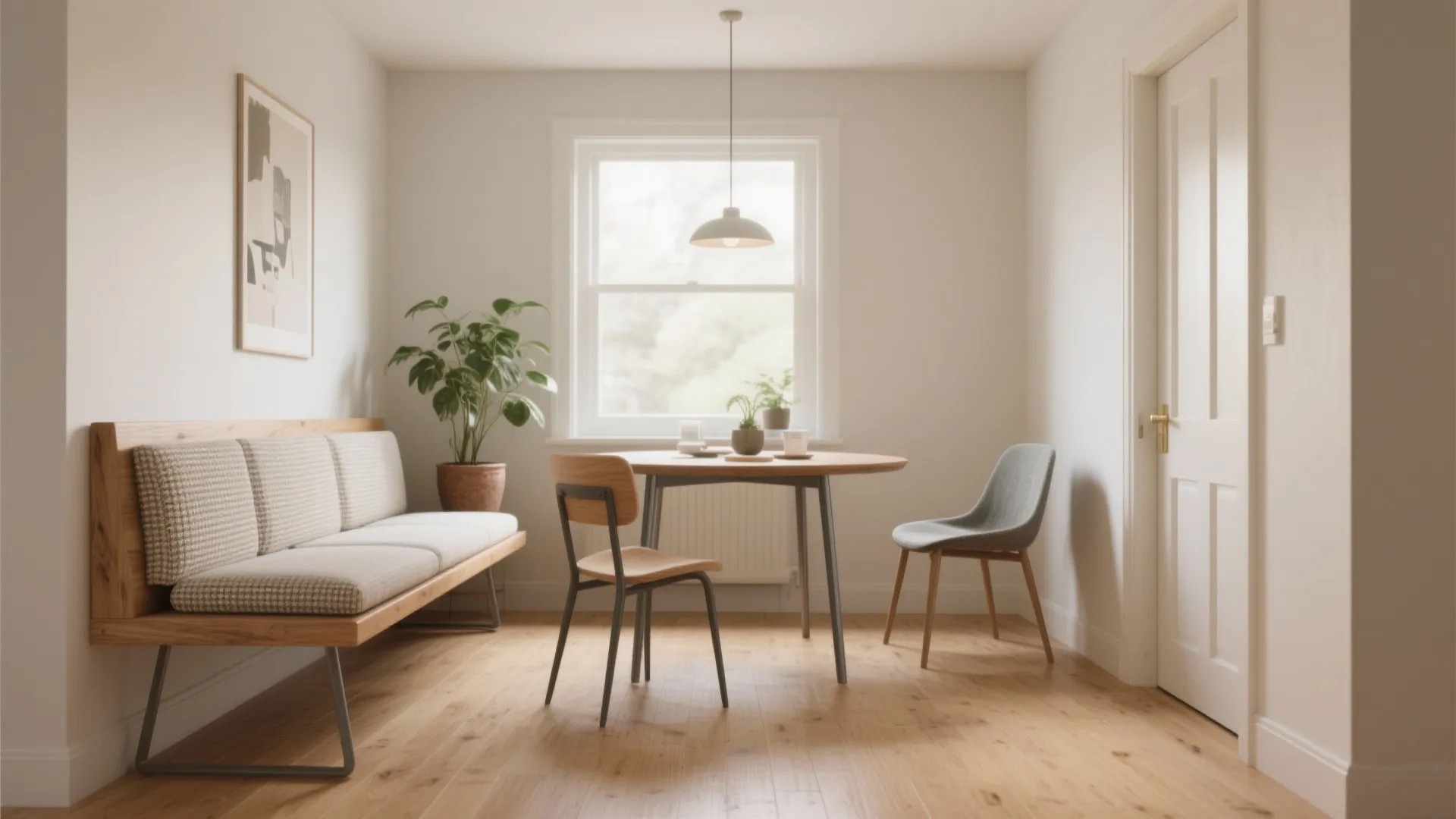 Minimalist dining room featuring wooden bench seating plus round table with grey and wood chairs