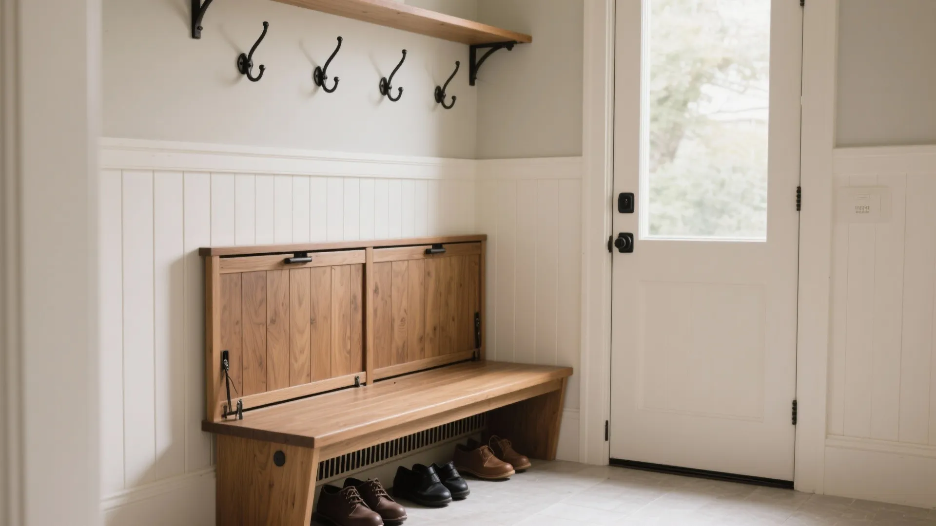 Wooden storage bench with shoes in entryway featuring white wall panels and black wall hooks