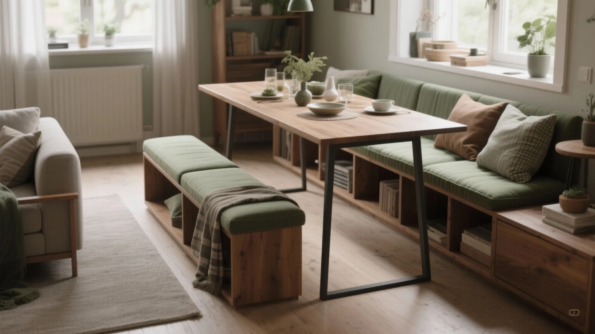 4. Bench seating with a narrow table: cozy and sociable