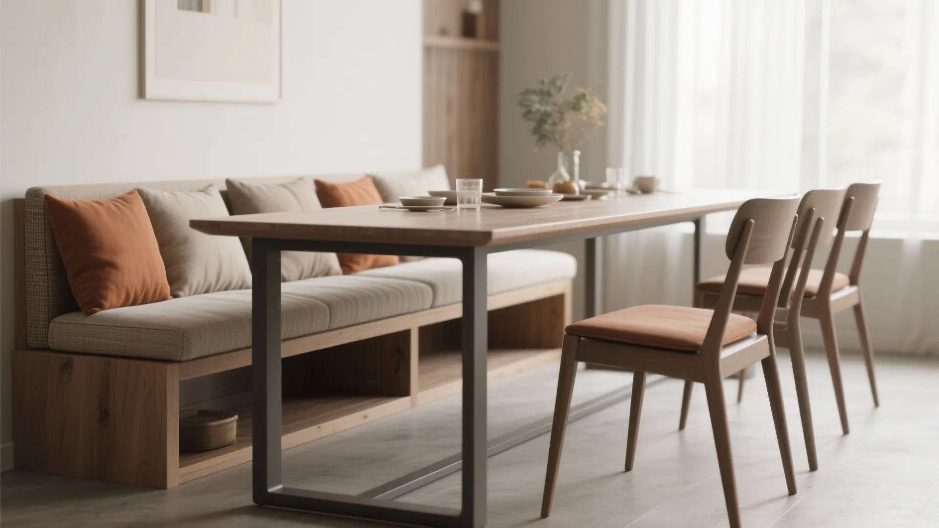 3. Bench seating paired with a narrow table