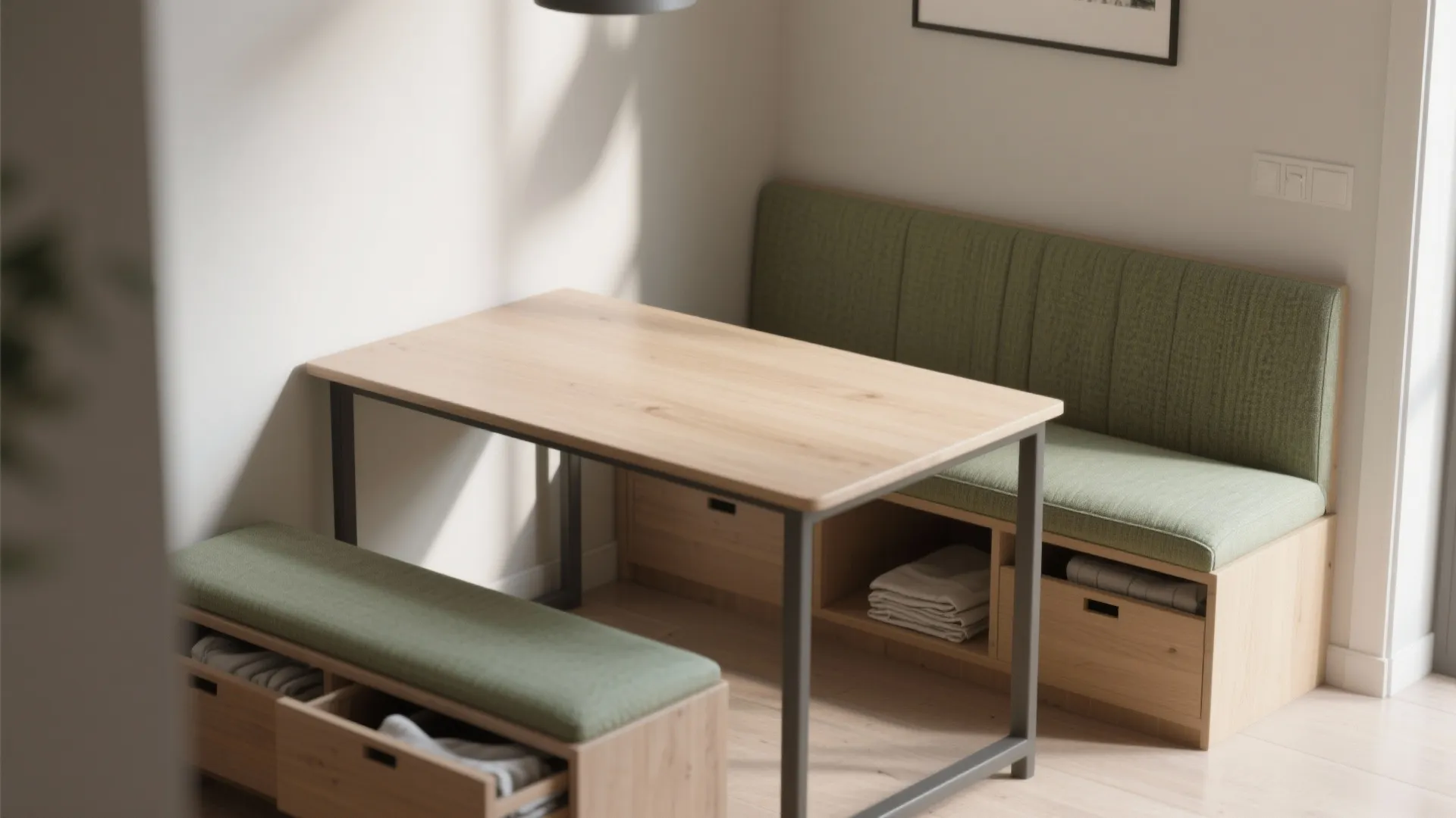 Wooden dining table with green bench seating featuring storage drawers in a bright room corner