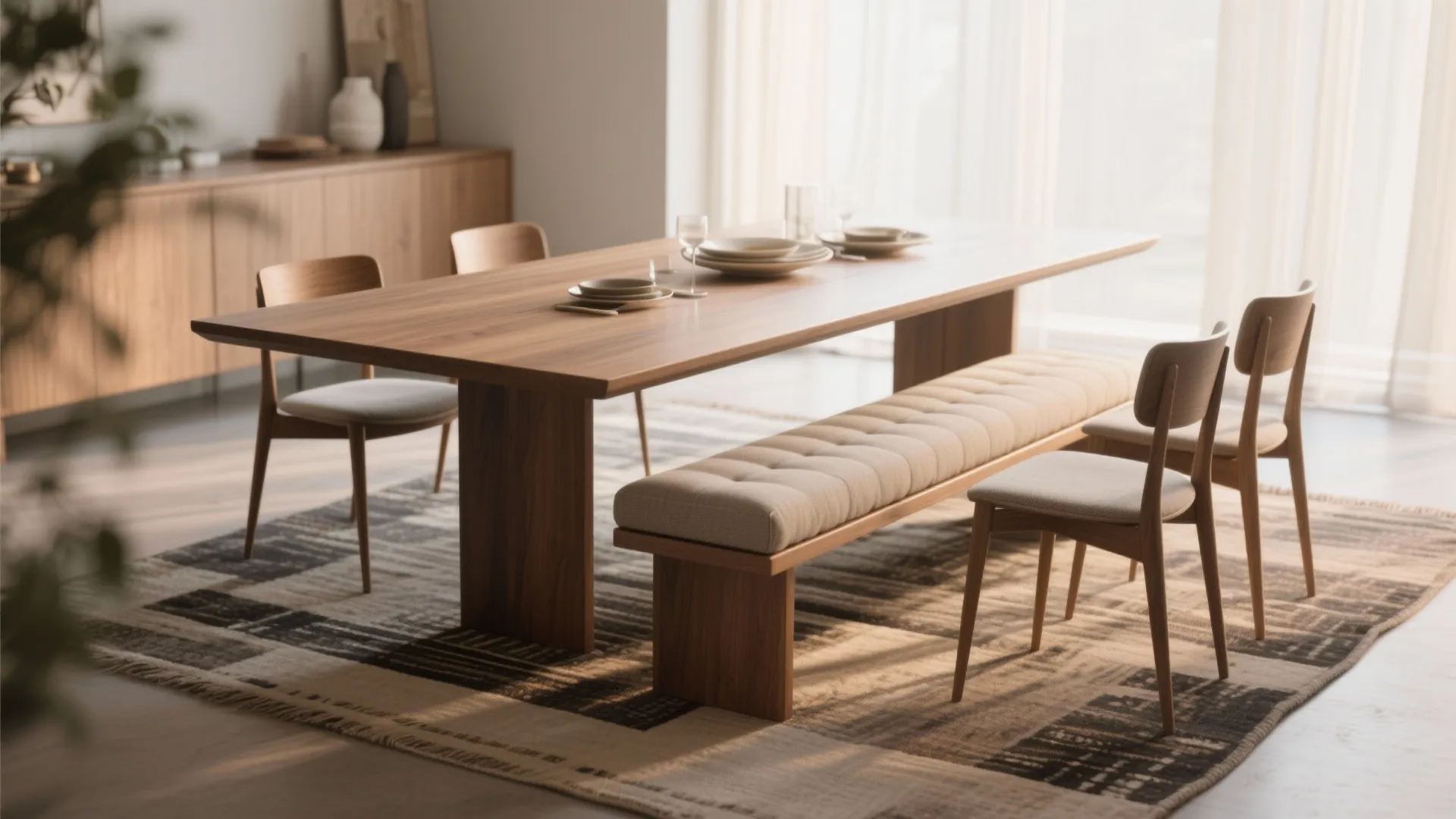 3. Bench seating and a narrow tabletop