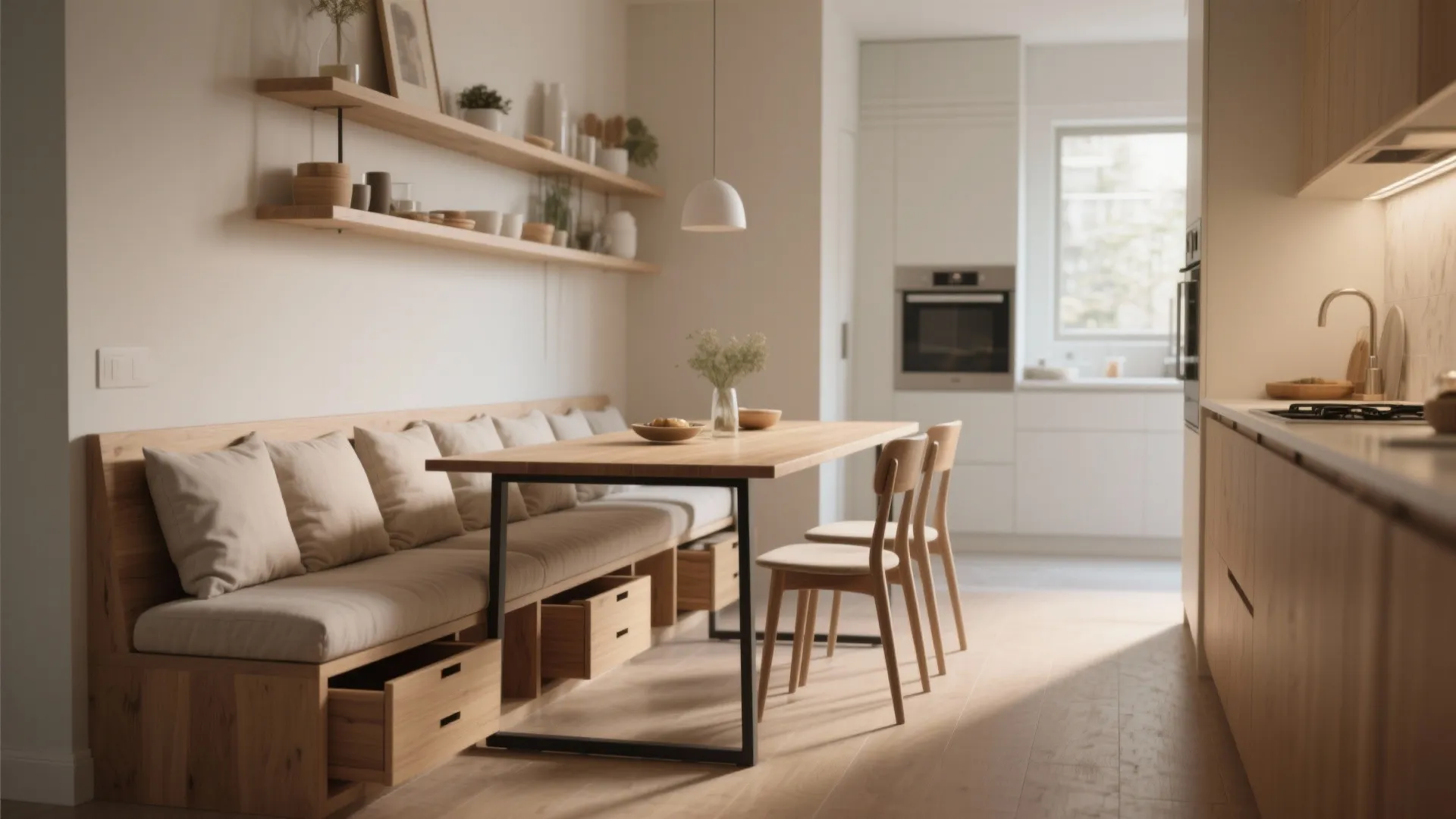 3. Bench seating with a narrow table — maximize seating along walls