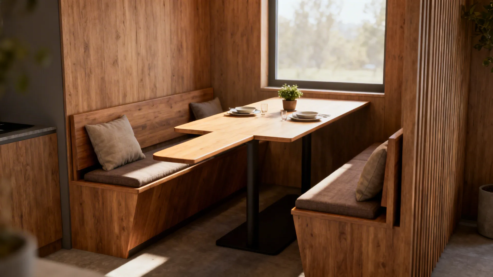 Narrow leaf table with bench seating in a compact dining alcove, one leaf extended to seat extra guest.