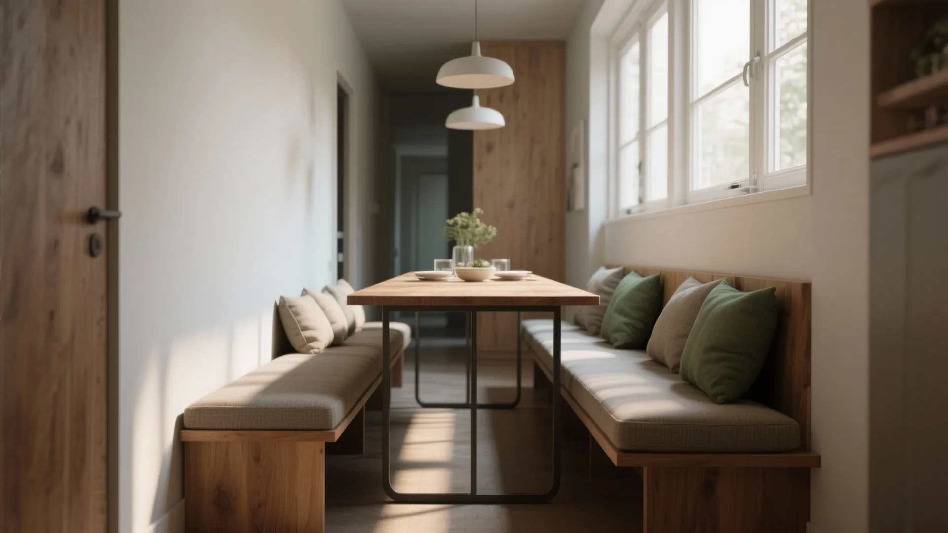 3. Bench seating paired with a narrow table