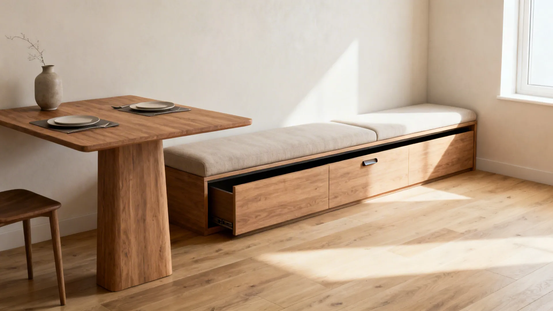 Narrow dining table with long upholstered bench featuring hidden storage in a studio apartment.