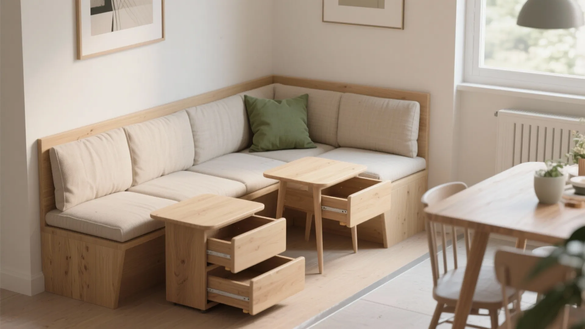 Corner wooden bench with beige cushions and two small nesting tables containing built in drawers