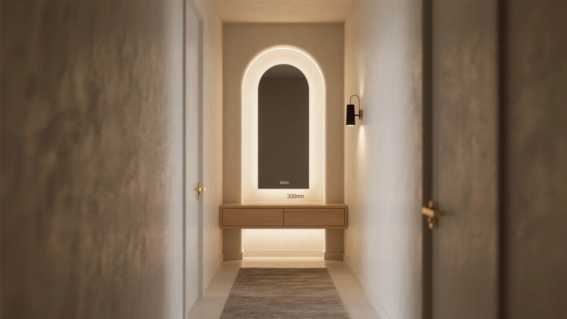 Mirror + bench niche at the bottleneck