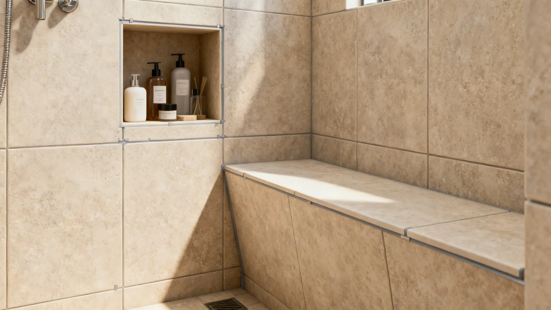 Built-in shower bench and recessed niche showing waterproofed tiled details
