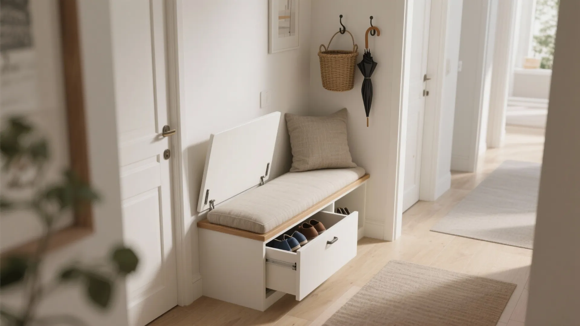 White hallway storage bench with open seat and drawer showing shoes inside near a wall