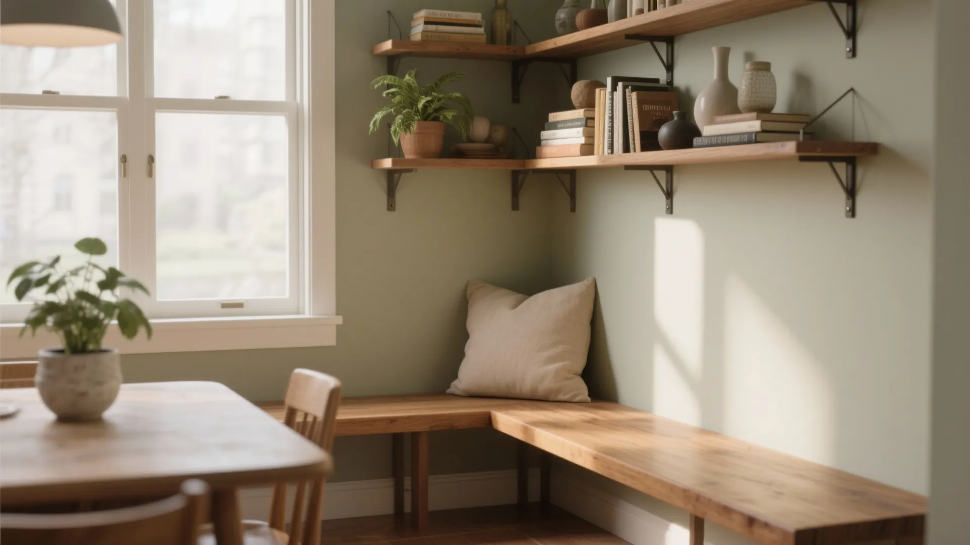 Cozy bench nook under floating corner shelves with plants and decorative items in a dining area.