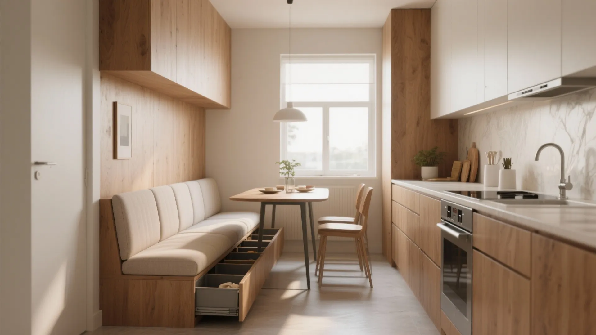 Modern kitchen dining nook with wooden bench seat featuring open storage drawers and white walls