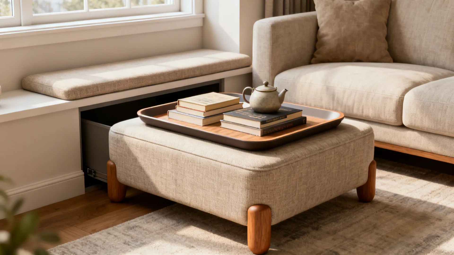 Low-profile bench and storage ottoman used instead of a coffee table in a small living room.