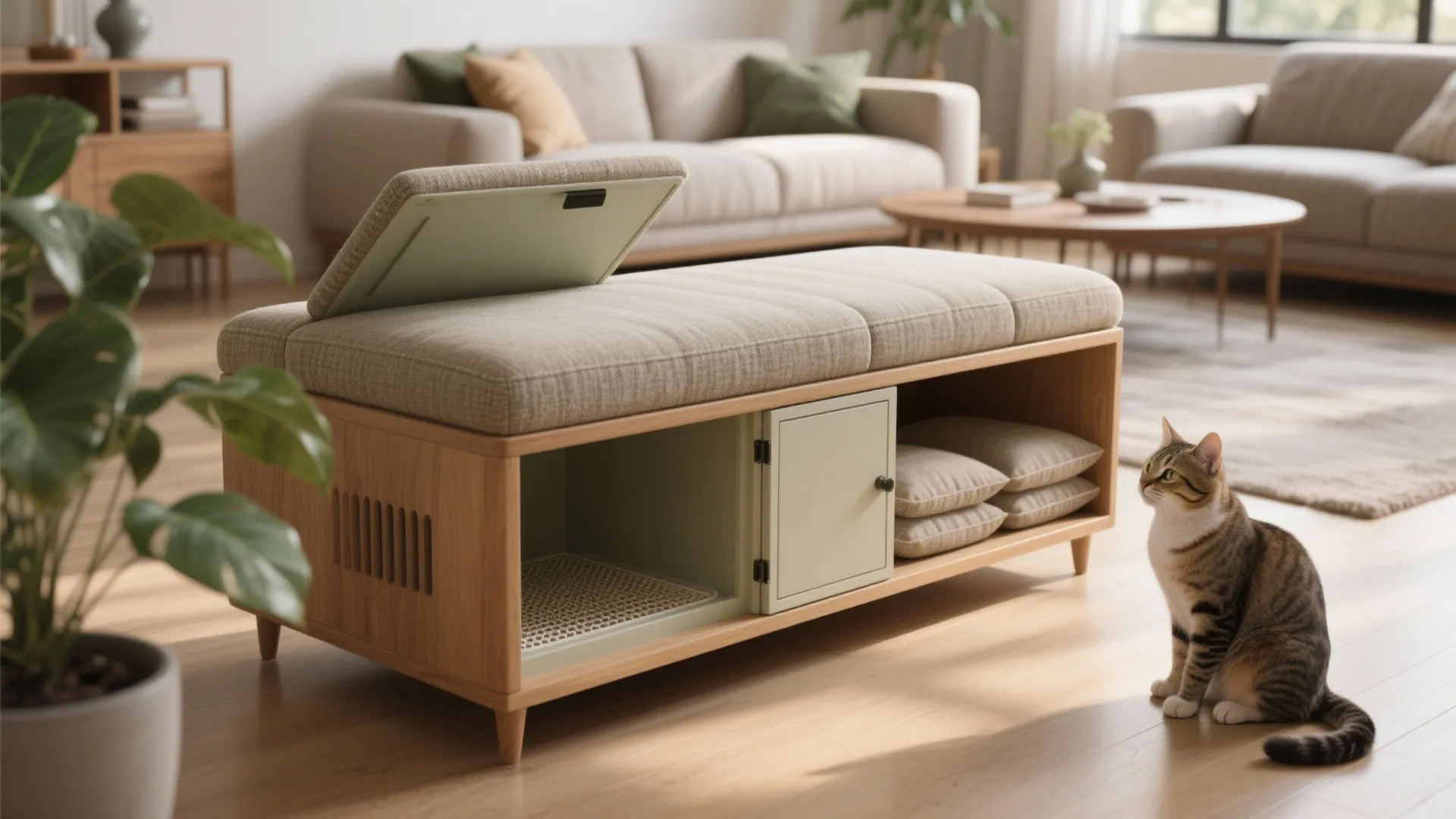 Upholstered bench with removable top revealing a litter enclosure and a cat nearby in the living room.